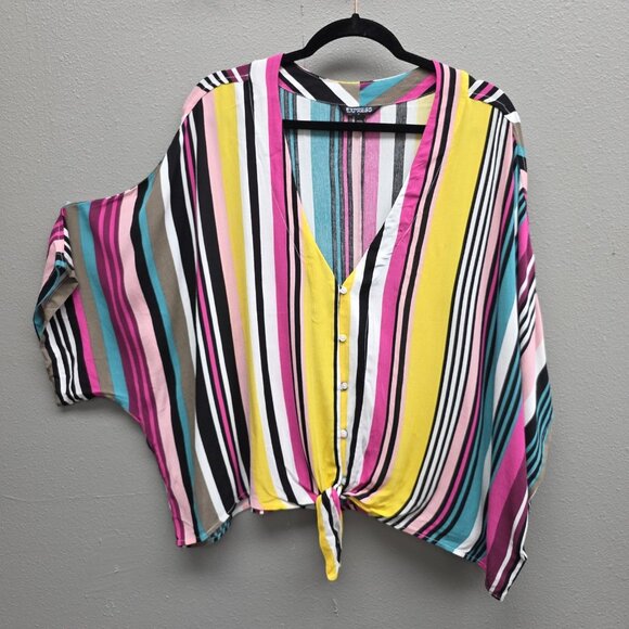 Express Shirt Womens Medium Multicolor Stripe Button Front Tie Front Dolman - Picture 1 of 6